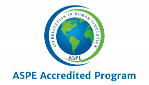 ASPE Accredited Program” featuring a stylized globe centered on the Americas, encircled by a blue and green ring with the words “Accreditation in Human Simulation.” The acronym “ASPE” appears below the globe, with “ASPE Accredited Program” written beneath