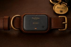Close-up image of the PawPulse Atlas smart collar module mounted on a brown collar with gold hardware and an Atlas tag in the background.