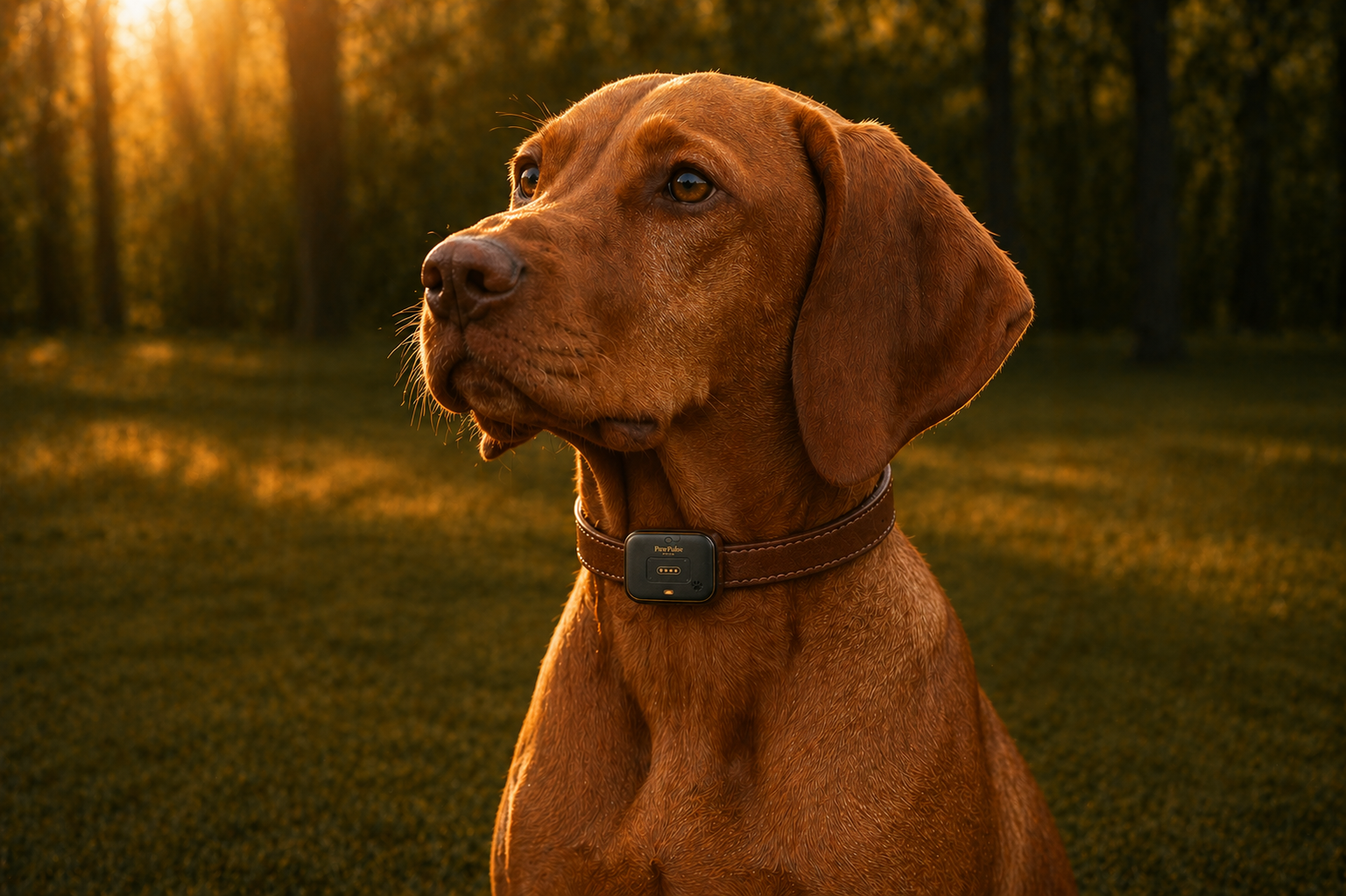Brown dog wearing the PawPulse Atlas smart collar while sitting outdoors in warm evening light.