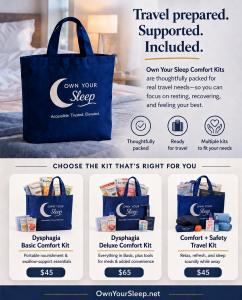 Own Your Sleep™ travel comfort kits for medical, sensory, and everyday travelers displayed in navy branded tote bags