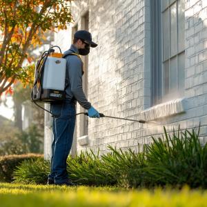 A Raleigh-area pest control technician sprays the barrier of a customer's white brick home.
