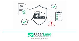 Shield with truck surrounded by COI certificate, checkmark badge, compliance checklist, and warning alert representing ClearLane carrier compliance monitoring