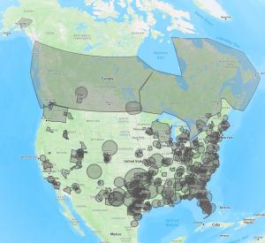 Map showing iCANS dumpster rental software users across the United States and Canada