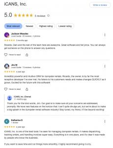 Google reviews praising iCANS dumpster rental software for ease of use and customer service