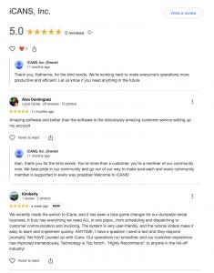 Google reviews calling iCANS the best dumpster rental software with hands-on customer service