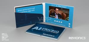 Revionics Video Folder with embedded video screen used for corporate presentations and branded communication materials.