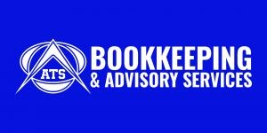 ATS Bookkeeping & Advisory Services logo in white on a blue background, with a stylized circular and triangular ATS icon beside bold text.