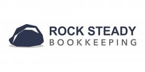 Rock Steady Bookkeeping logo with a dark stylized rock icon and bold uppercase text in navy and gray.