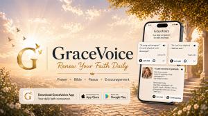 GraceVoice™ mobile app promoting Bible reading, prayer, faith conversations, and spiritual reflection on Apple and Google devices.