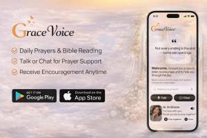 GraceVoice™ mobile app showing prayer support, Bible reading, faith conversations, and spiritual encouragement on Apple and Android devices.