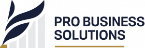 Professional logo for Pro Business Solutions featuring a stylized navy blue quill or feather icon beside the company name in bold navy blue text, underlined by a gold horizontal bar.