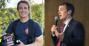 George Stern pictured in uniform as a volunteer firefighter on the left panel and in his  capacity as a keynote speaker on the right