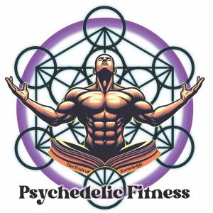 Psychedelic Fitness logo featuring a strong meditative figure above an open book with sacred geometry, purple aura, and healing-focused brand symbolism.