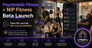 Psychedelic Fitness beta launch graphic showing app health metrics for mood, sleep, recovery, journaling, meditation, fitness, and protocol tracking with TRUE TO HEALING LLC branding.