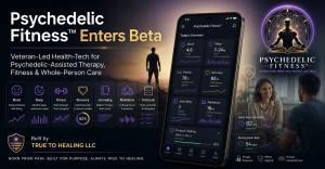 Psychedelic Fitness x NIP Fitness beta launch image showing a gym setting, wellness tracking app, recovery metrics, workout progress, and the message “Track the Journey. Not Just the Workout.”