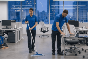 team is cleanign a office
