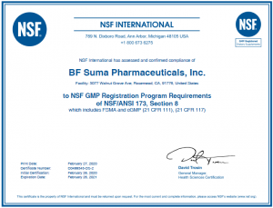 BF awarded certificate of BF Suma, NSF for the GMP registered Dietary Supplyments