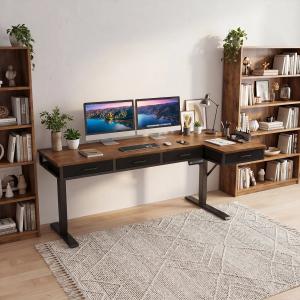L-shaped standing desk with built-in drawers and dual monitors in an organized home office workspace with wood shelving and storage.