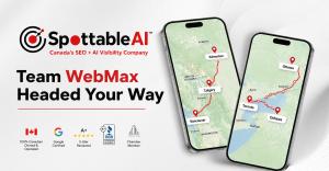 SpottableAI by WebMax Canada 2026 national tour map showing route stops across Western Canada including Vancouver, Calgary, and Edmonton in May and June, and Eastern Canada including Toronto and Ottawa in September and October.