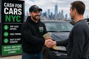 Customer completing a junk vehicle sale with Cash For Cars NYC beside a damaged car in front of the New York City skyline.