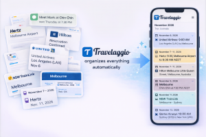 Composite image showing scattered travel booking confirmations — Hertz rental, Hilton, United Airlines, NSW TrainLink, and a text message — on the left, with an arrow pointing to a smartphone on the right displaying the Travelaggio app with all bookings o
