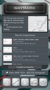 WayMark mobile dashboard showing vehicle status, location map, active driving time, current operator status, and recent inspection records.