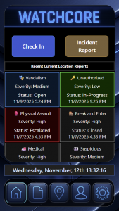 WatchCore mobile dashboard with check-in and incident report buttons, plus recent field reports organized by severity, status, and time.