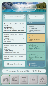 StillMind mobile dashboard showing upcoming appointments, clinical note statuses, session times, and navigation buttons in a calm interface.