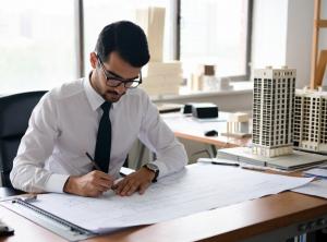 Professional architect carefully drawing architectural plans and blueprints on a drafting table in a bright studio office.