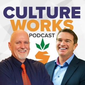 Hosts of The Culture Works Podcast Chester Elton and Adrian Gostick smile before beginning an interview