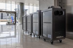 An image of four of Axis Portable Air's MovinCool fleet of portable cooling rental units