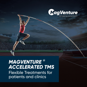 Pole vaulter with flexible pole, with words "MagVenture Accelerated TMS, Flexible treatments for patients and clinics"