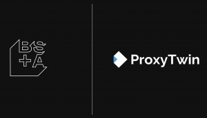BS+A and ProxyTwin partnership logo lockup on a black background.