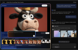 AI short drama creation workspace with an agent chat, generated image previews, storyboard thumbnails, voiceover tracks, music, and a video editing timeline.