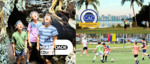 Children explore a cave, play soccer, and stroll by a lakeside with a CAC Certified Autism Center sign. Text: "Miami-Dade County." Vibrant and lively scene.