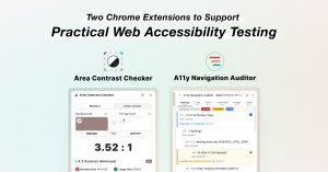 An introductory screen featuring two Chrome extensions to support practical web accessibility testing: "Area Contrast Checker" and "A11y Navigation Auditor."