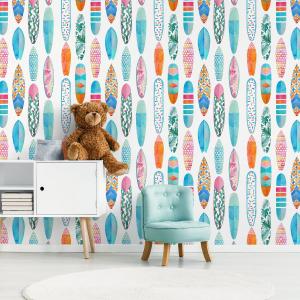 oastal themed removable wallpaper from ONDECOR Summer Refresh 2026 collection installed in a bright summer living room