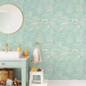 Coastal Wallpaper Featuring a Distressed Wave Motif in Teal and Beige - B935