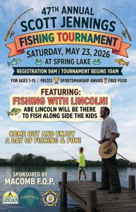 Flyer for the 47th Annual Scott Jennings Fishing Tournament at Spring Lake on Saturday, May 23, 2026. The youth fishing event for ages 1–15 includes prizes, free food, and a sportsmanship award, with registration at 9 a.m. and fishing beginning at 10 a.m.