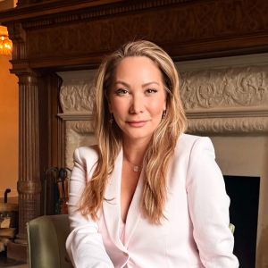 Image of a confident, smiling woman in a light pink suit, sitting in front of a fireplace.