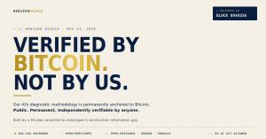 HORIZON SHIELD press hero image: "Verified by Bitcoin. Not by us." — announcing the company's Bitcoin-anchored AI methodology, with Block #949356 reference and SHA-256 verification details