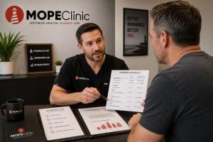Metairie testosterone clinic consultation with doctor reviewing hormone labs