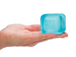 Blue NeeDoh Nice Cube squishy sensory toy resting on an open hand.