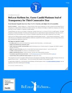 BeEzrat HaShem Inc. earns Candid Platinum Seal for the 3rd consecutive year, placing it in the top 1% of US nonprofits for verified transparency.