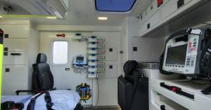 Interior of a Bryan Morgan Care Intensive Care Ambulance with medical equipment for ventilated and ICU-level patient transport.