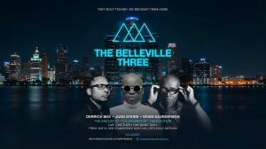 Black-and-white portraits of Derrick May, Juan Atkins, and Kevin Saunderson over a nighttime Detroit skyline, with the words The Belleville Three glowing in cyan above the Renaissance Center.
