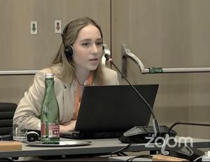 Mariia Anapreichyk, an expert of the ALLATRA Global Research Center, speaking during the main session “Strengthening Digital Resilience for the Protection of Civic Space.” Source: OSCE/ODIHR livestream