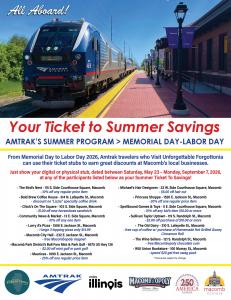 Promotional flyer featuring an Amtrak train at a station platform advertising ‘Your Ticket to Summer Savings.’ The flyer promotes Amtrak’s 2026 summer program in Forgottonia, offering discounts at Macomb, Illinois businesses for travelers showing Amtrak t