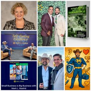 (From top, L-R) Lisa L. Levy, founder, Lcubed Consulting; Madrid with Guillermo Diaz Jr., Founder, Conectado Inc.; Interview With AI Guidebook 3 cover; Madrid with Tedla; and Madrid with Stephan Poschik, CHC Group Founder. Collage: Madrid.