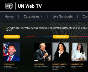 Image showing Madrid with his Interview With AI Guidebook 3 book co-author Kevin Johns, and other speakers during a past UN event. Flyer: UN.